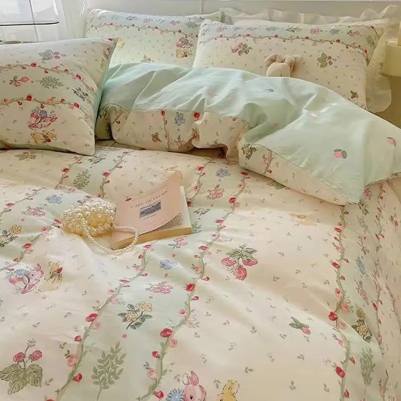 Romantic Cherry Heart Duvet Cover Set Flat Sheet Pillowcases Fashion New Twin Full Floral Bedding Set