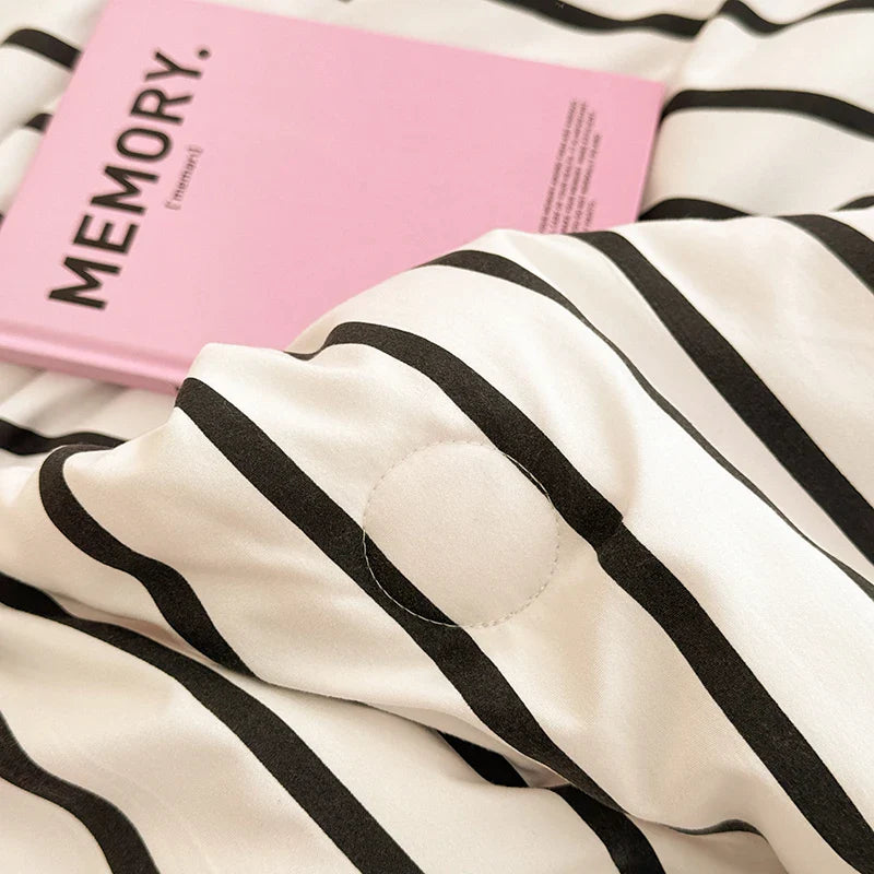 Stripe Quilt set Pink And White Bedding Set with Flat Sheet Set Soft  Fluffy Embroidery Quilt Set