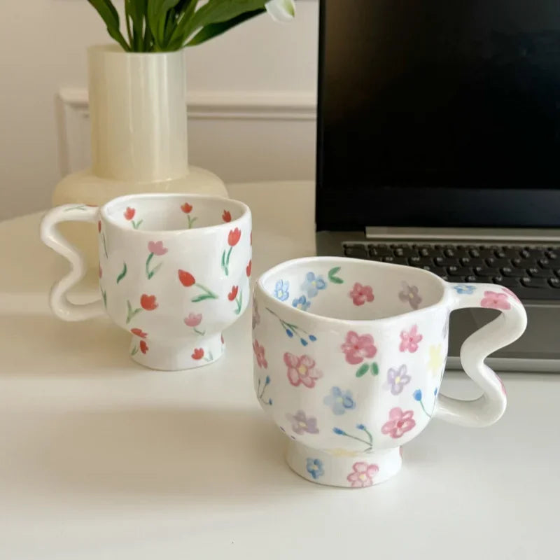 Ceramics Mug Cute Flower Pattern High Footed