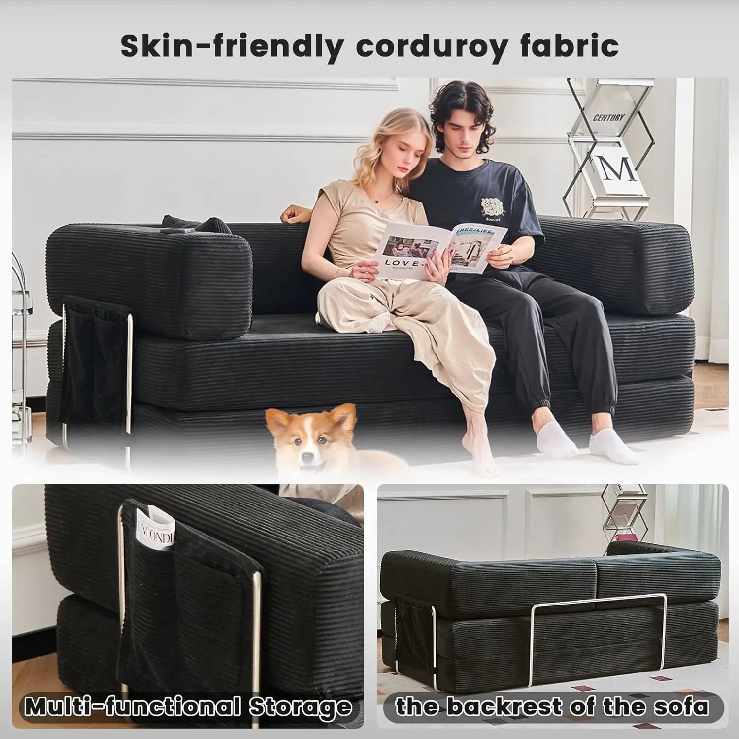 Combination Modular Sofa Living Room Folding Sofa Bed Convertable Corduroy Couch Floor Sleeper 4-in-1 Comfy Foldable Lazy