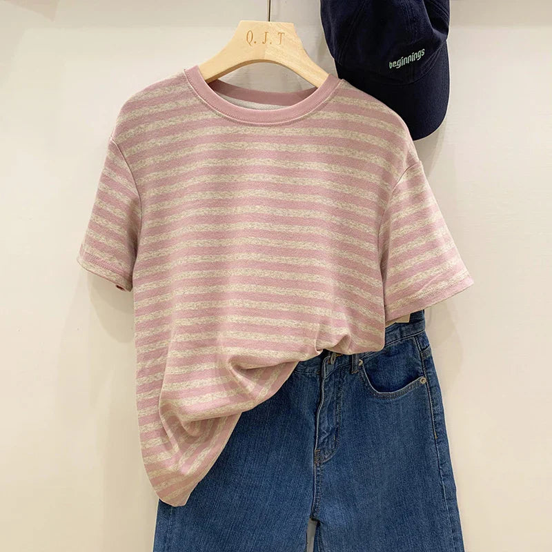Summer Short Sleeve Striped T-Shirts Versatile Women Knitted Basic Casual Tops Female Cozy Loose Cotton Tees