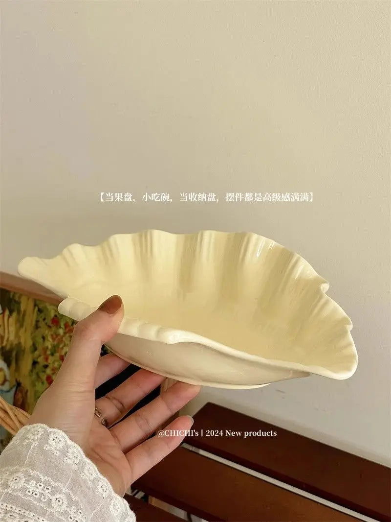 French Vintage Relief Ceramic Big Shell Shaped Dish