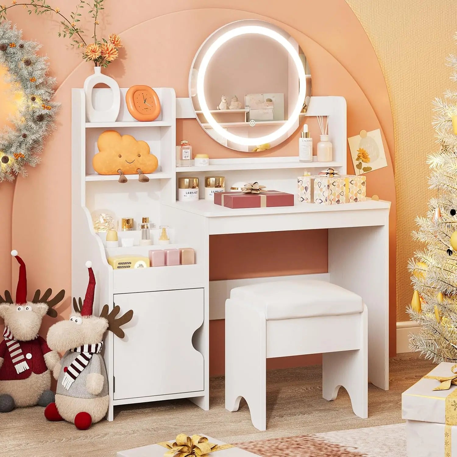 Kids Vanity Desk with Lights Mirror Makeup Vanity Table with Storage Cabinet & Shelves Pink Vanity Set with Chair for Girl