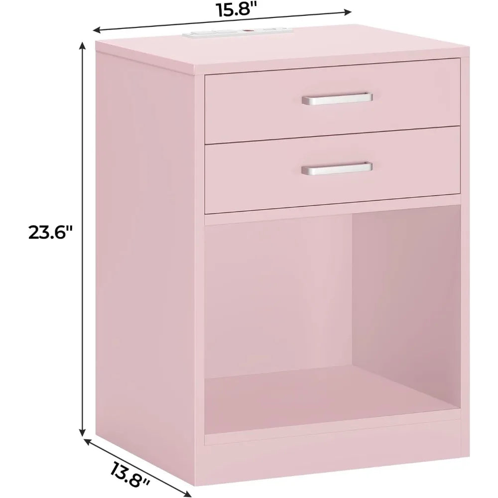 Night Stand Set 2, Pink Nightstand with Charging Station & Drawers, Night Stands for Bedrooms Set of 2, Bedside Table with Drawers