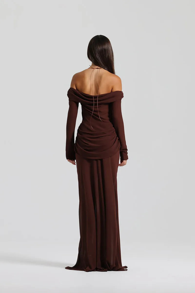 Hollow Out Ruched Sexy Maxi Dress Women Gown Halter Long Sleeve Strapless Backless Draped Slim Elegant Long Dress