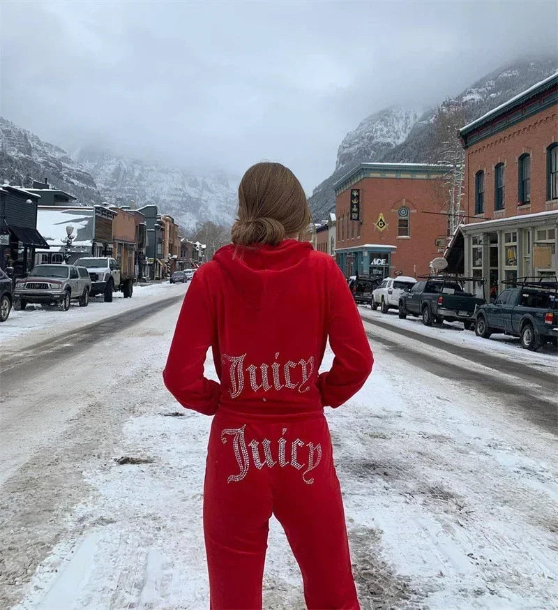 Two Piece Set Diamonds Hoodie Crop Jacket And Joggers Pants Outfits Streetwear Jogging Suits Juicy Corture Tracksuit