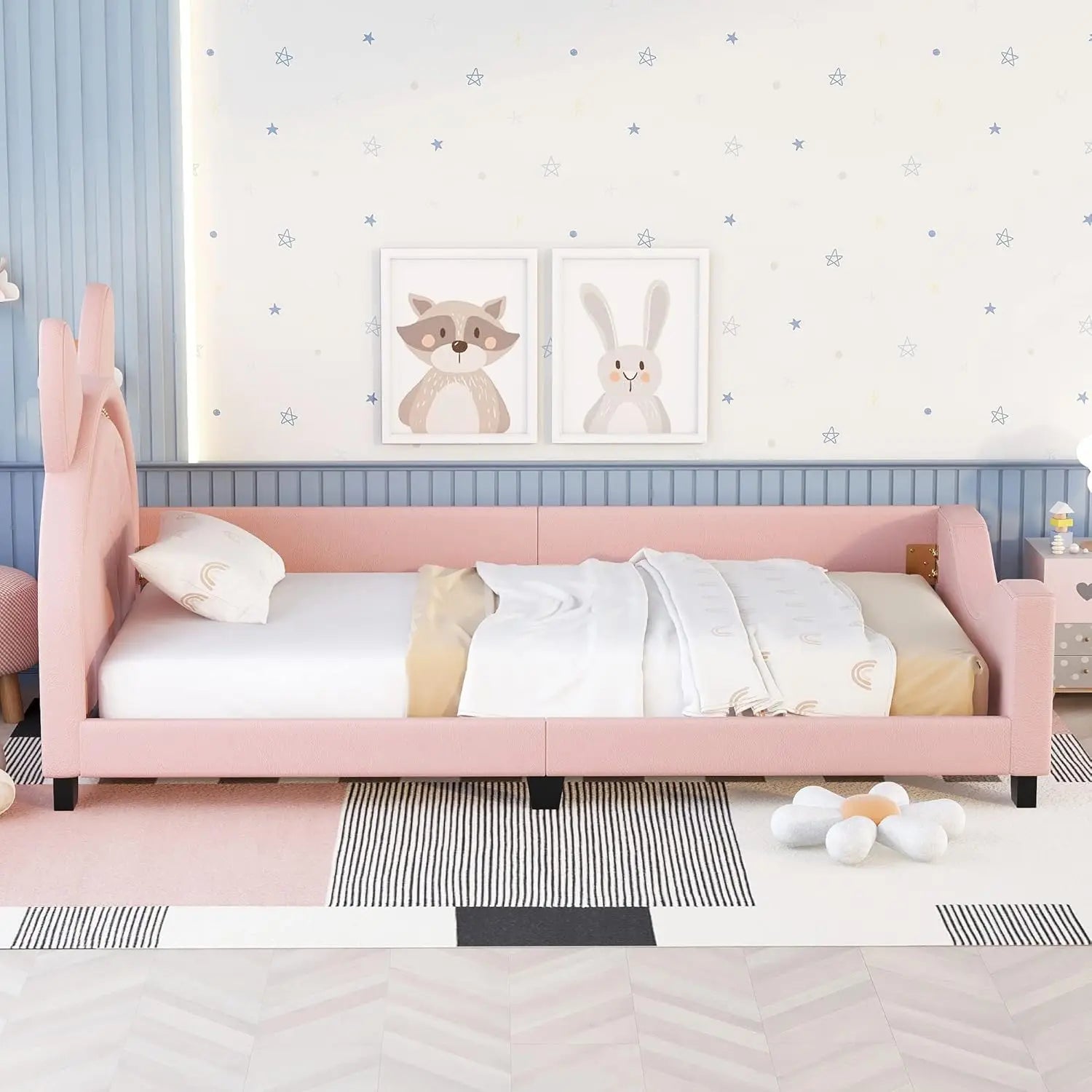 Pink Twin Size Wood Platform Bed Frame With House-Shaped Headboard For Girls Kids Toddler