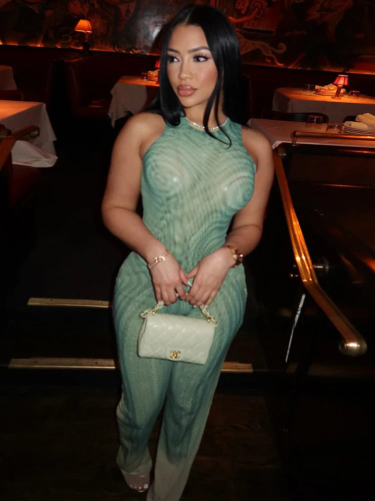 Geometric Print Patchwork 2 Piece Set Women o-Neck Skinny Bodysuit+Wide-leg Trousers Sexy Outfits