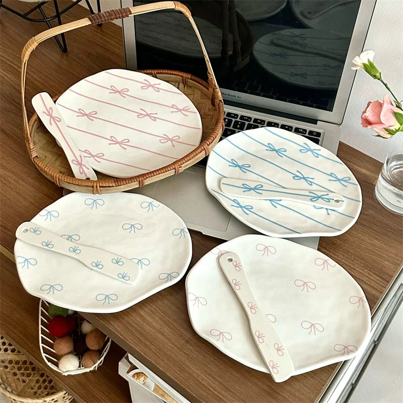 Cute Bowknot Kawaii Ceramic Plate For Cake Food Dinner Breakfast Ins Dessert Salad Decorative Dish 8 inch