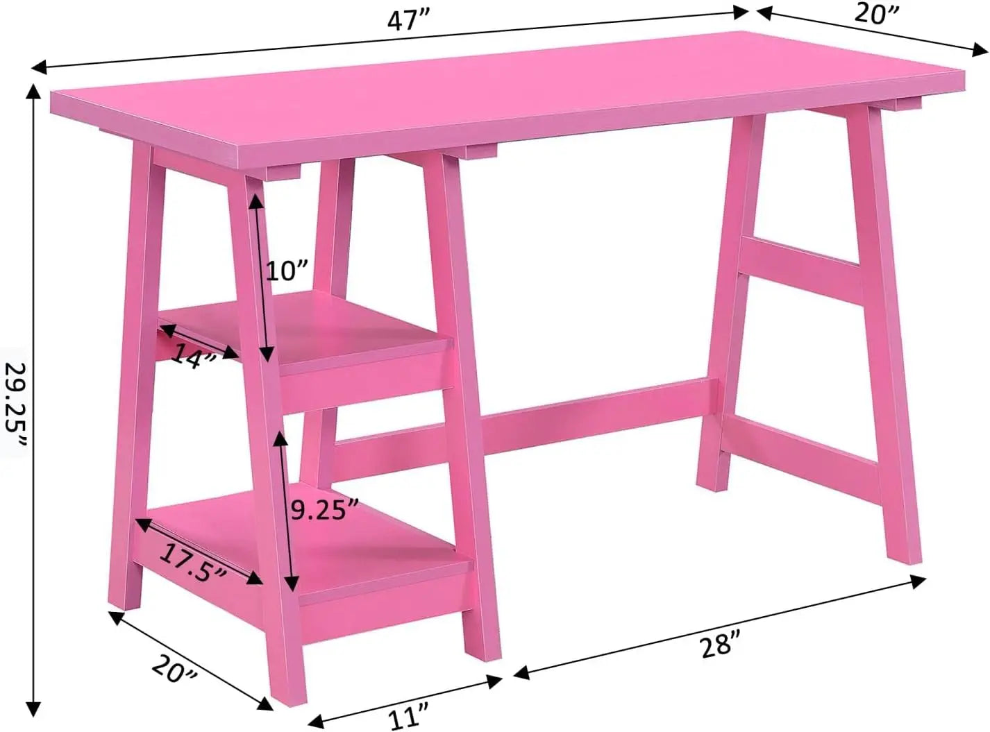 Pink Trestle Desk With Shelves, 47"