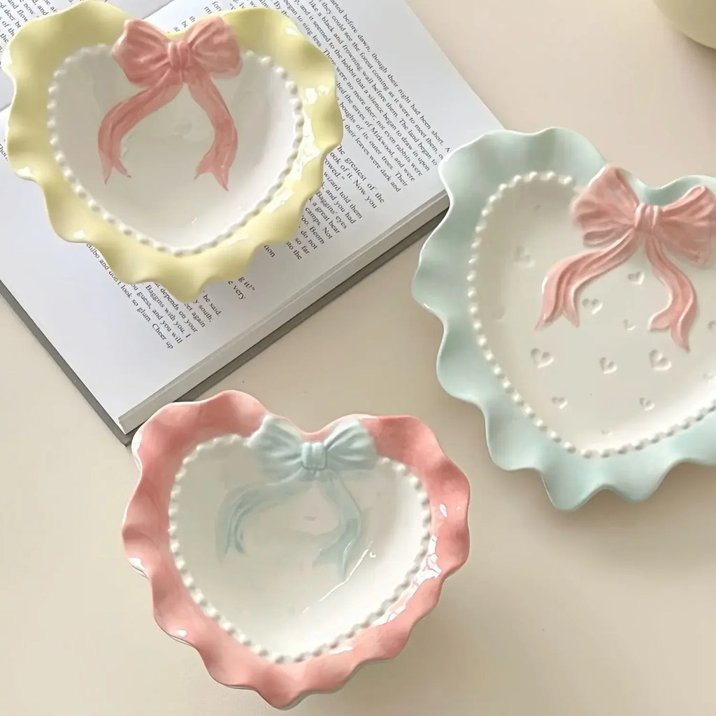 Cute Wave Edge Bow Knot Love Wave Dot Ceramic Lace Girl Tableware