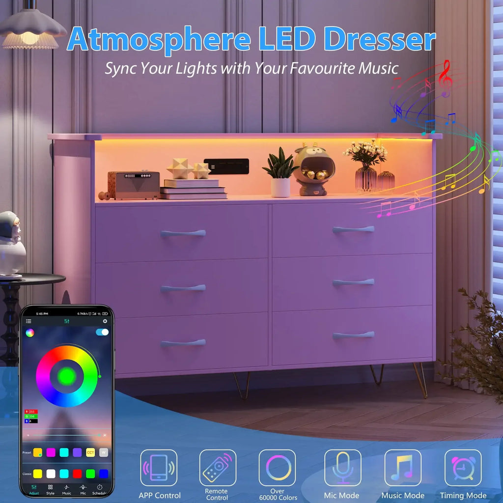 Dresser for Bedroom 6 Drawer with LED Light & Charging Station, Wooden Dressers and Chests of Drawers with 2-Tier Open Shelves