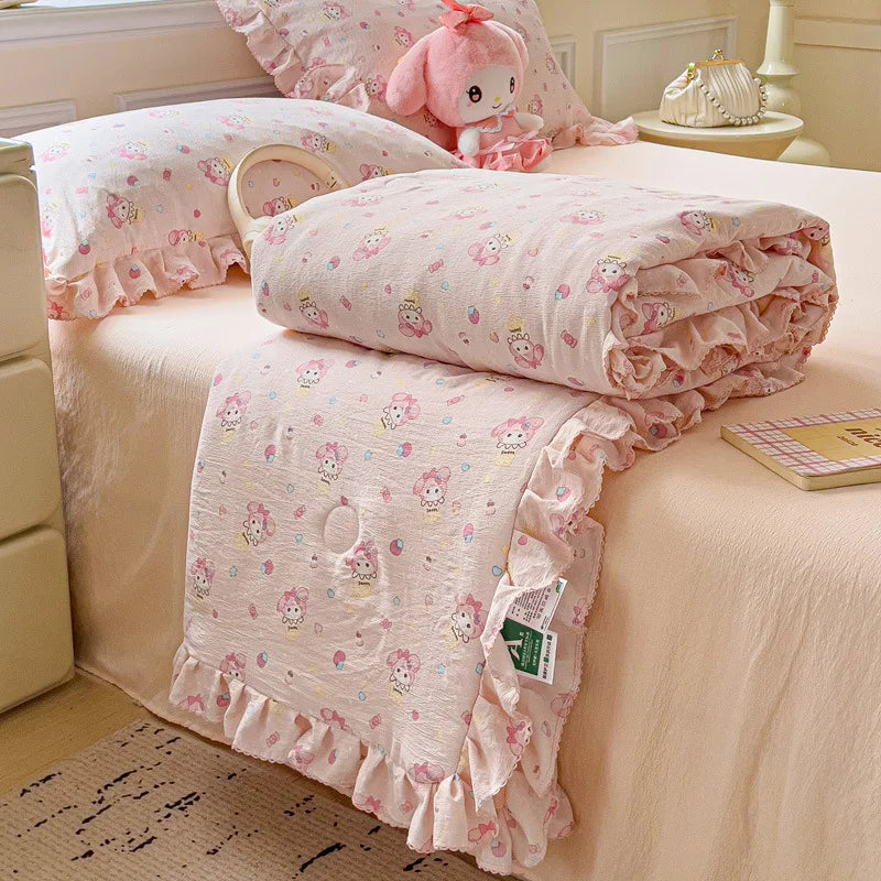 Korean Quilt with Lace and Ruffle Pure Cotton Patchwork Comforter for Summer Skin-Friendly Breathable Cooling Blanket for Home