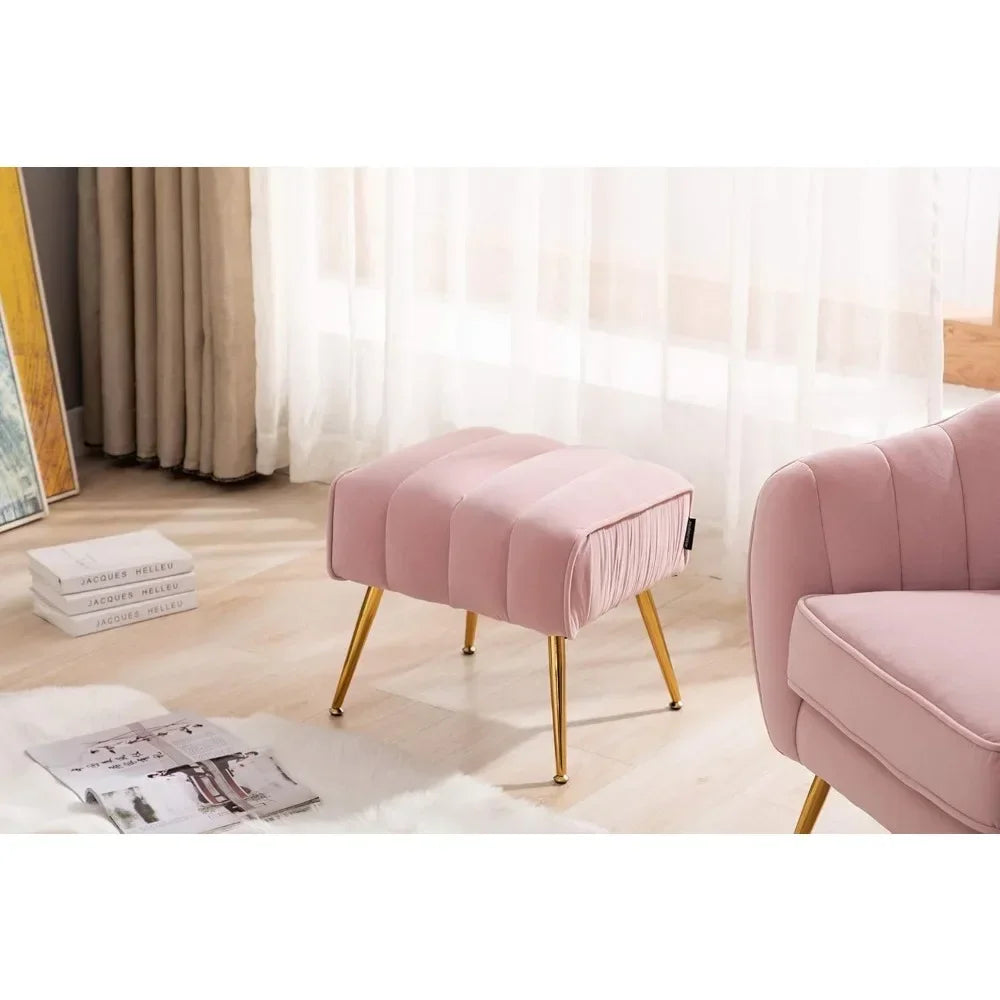 Pink Upholstered Velvet Ottoman with Gold Legs Metal Base for Foot Rest Stool Seat in Living Room Bedroom Hallway Entryway
