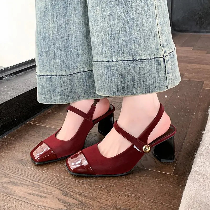 Fashionable High Heels, Summer New Style Spliced One-Strap Sandals, Sexy Exposed Heel Mid-Heel Sandals