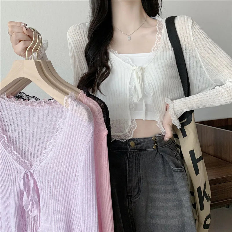 Lace Knitted Cardigans Long Sleeved Short Lace-Up Thin Shawl