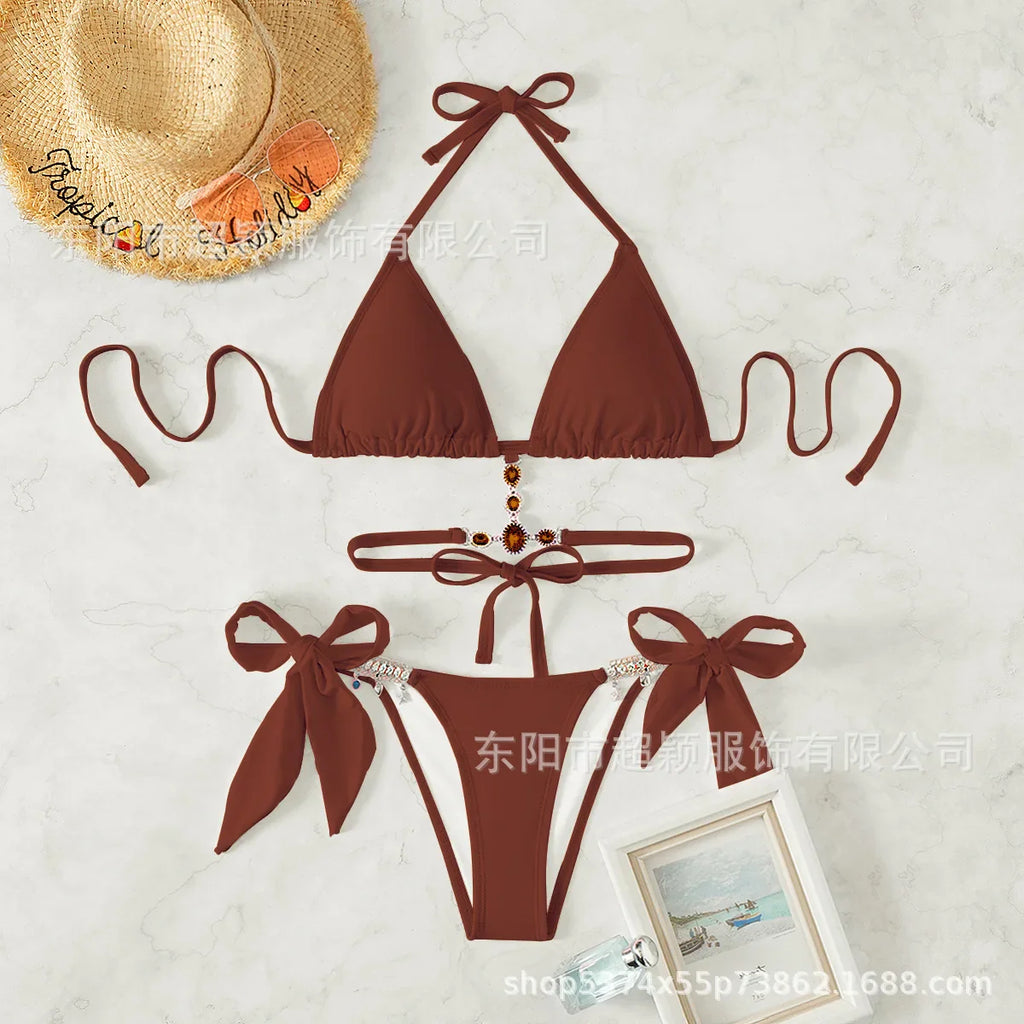 Women's Swimwear Crystal Diamond Triangle Bandage Backless Beach Bikini Swimsuit