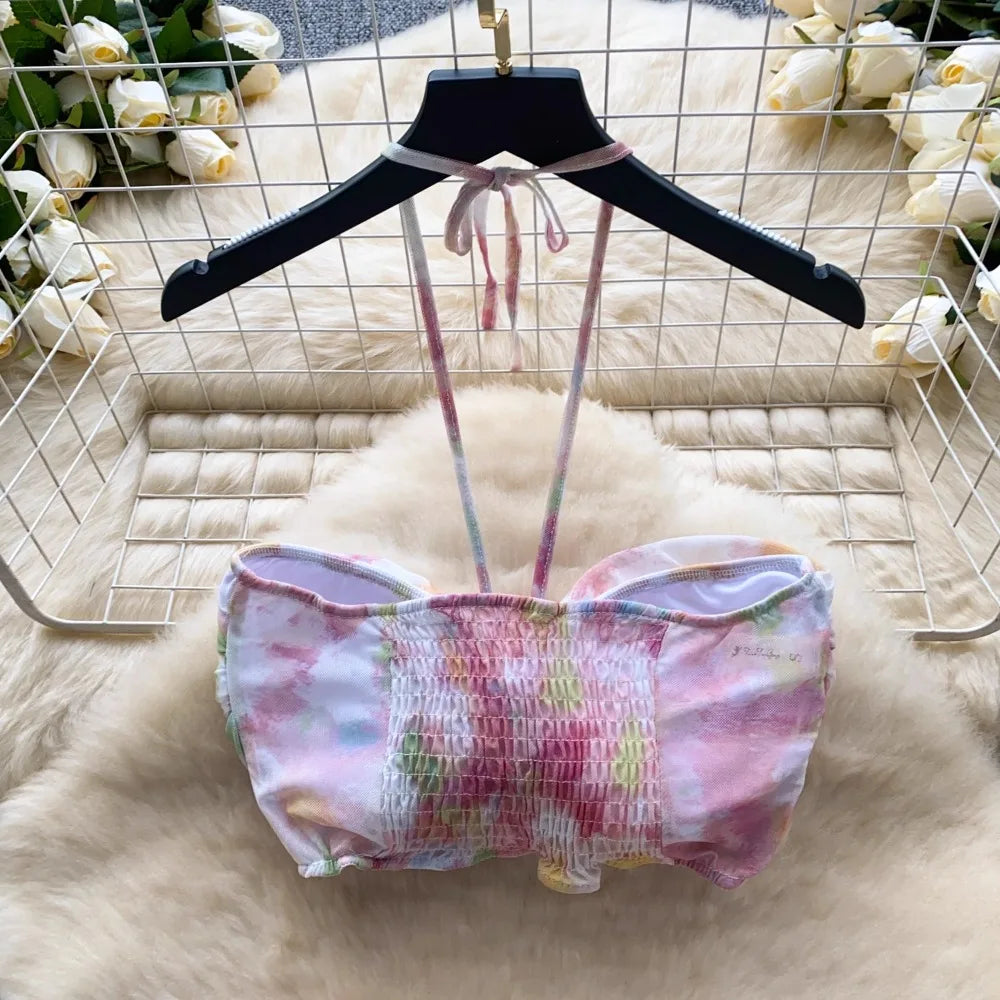 Flower Strapless Halter Tank Top and Split Ribbon Skirt Two Piece Set