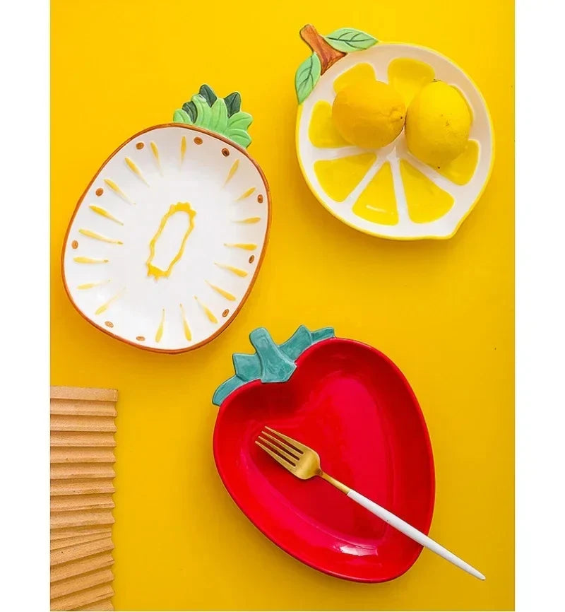 Hand Painted Fruit Shape Cute Fruit Salad Plate Creative Ceramic Bowl Pineapple Strawberry Lemon Ceramic Cutlery