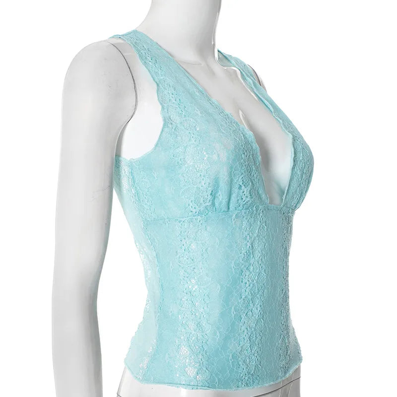 Woman Clothes Lace Tank Tops Sexy Deep V-neck See-through Sleeveless Blue T Shirt Female Corset Crop Top Party Clubwear