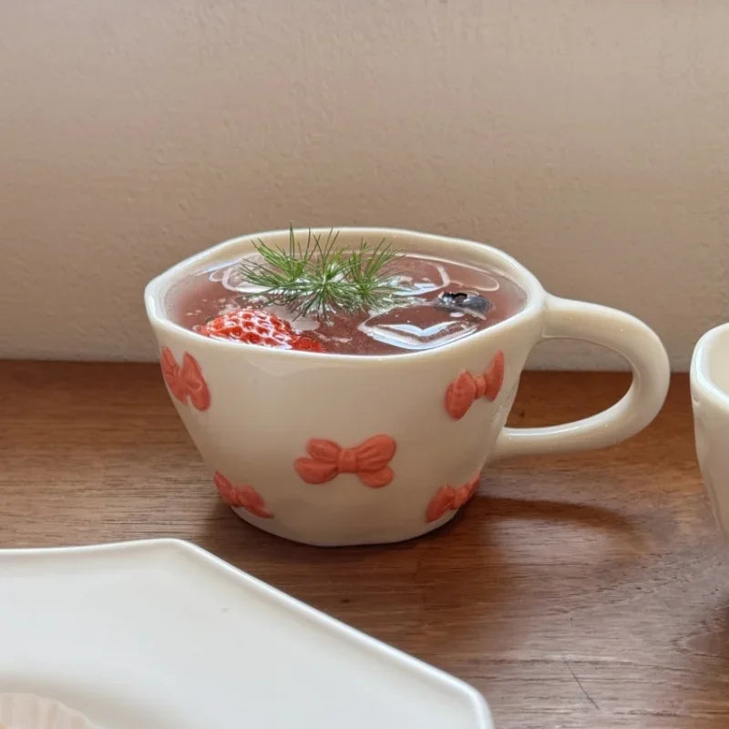 Hand Pinched Irregular Ceramic Hand-drawn Daisy Milk Tea Cup Pink Bow