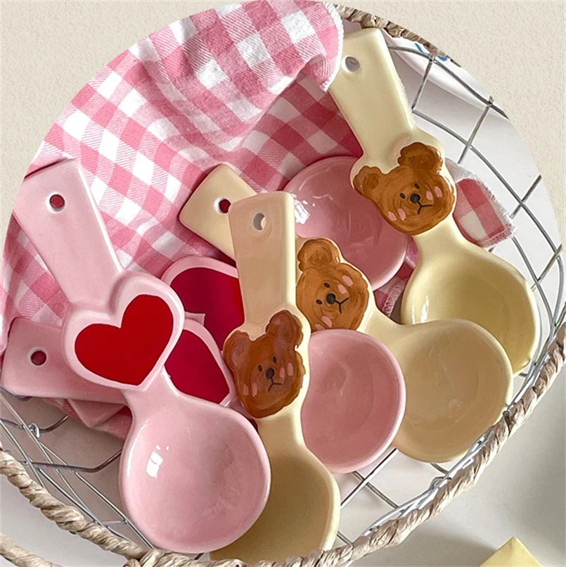 Ceramic Spoon Cute Heart Bear Cream Color