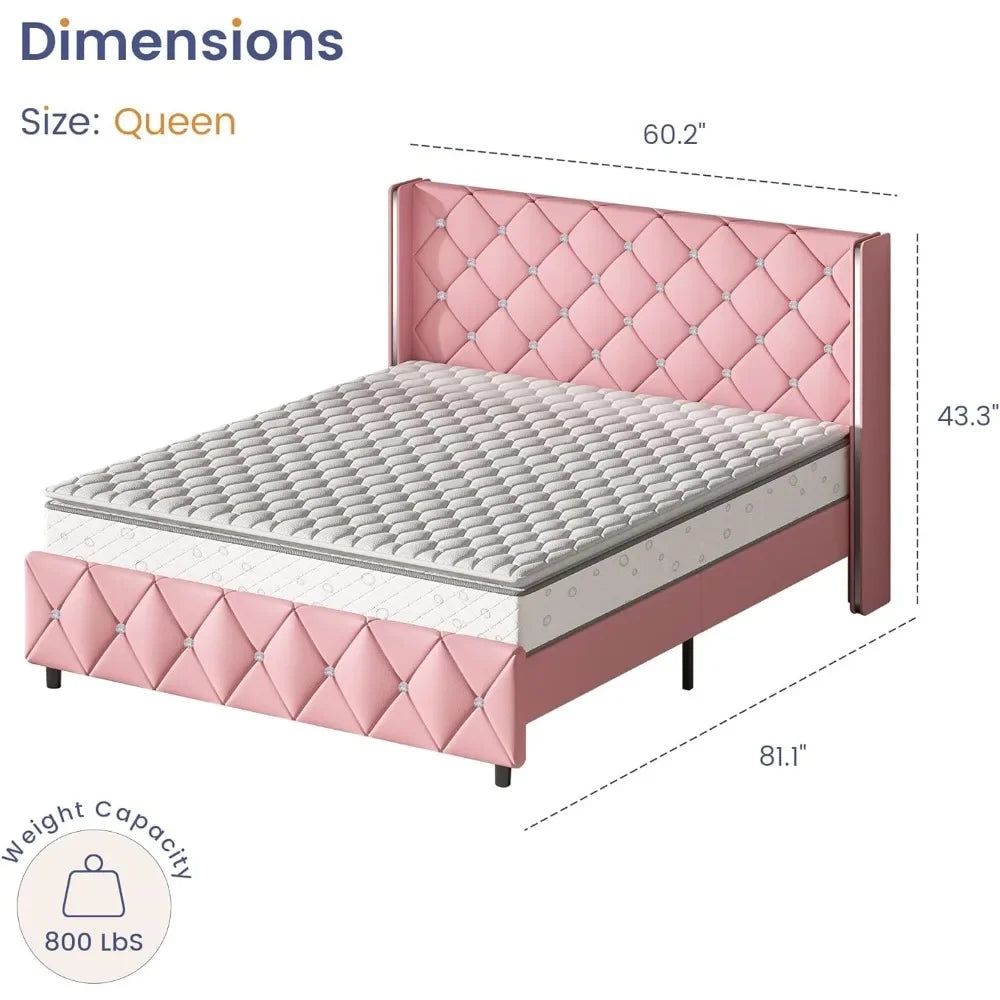 Shiny Bed Frame with Diamond Headboard, Upholstered Platform Bed Frame Faux Leather, Easy Assembly