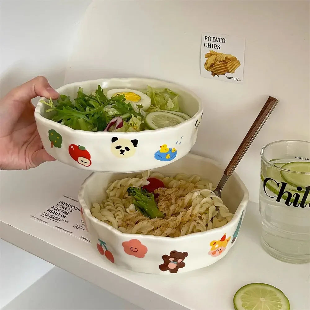 Cute Little Design Matte Hand Pressed Ceramic Deep Plate Cartoon Bowl