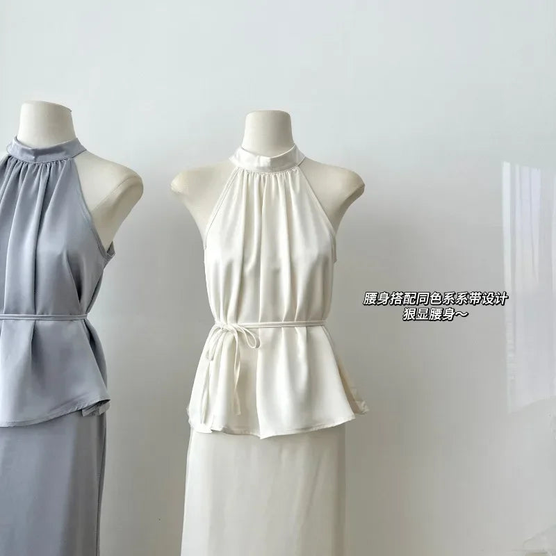 Sweet Hot Girl Casual Suit Women's Summer Satin Sleeveless Top High Waist Long Skirt Two-piece Set Fashion Female Clothes