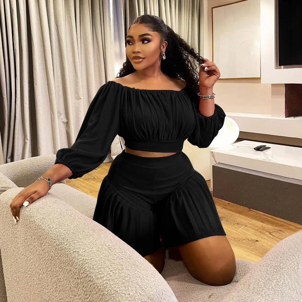 Plus Size Women's Set Long Sleeve Slash Neck T-Shirt and Shorts Summer Ruched Two 2 Piece Set Outfits Tracksuit