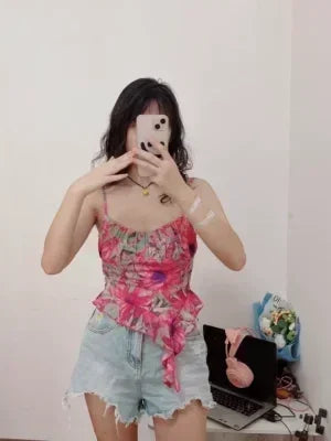 Girls Sweet Ruffles Mesh Camisole Top Lady Camis Sleeveless Printed Floral T shirts Stretch Slim Tanks For Slim Women