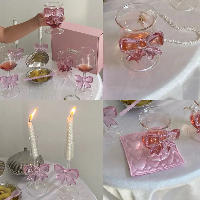 Pink Bow Series High Glass Cup, Butterfly Candlestick Romantic Champagne Wine