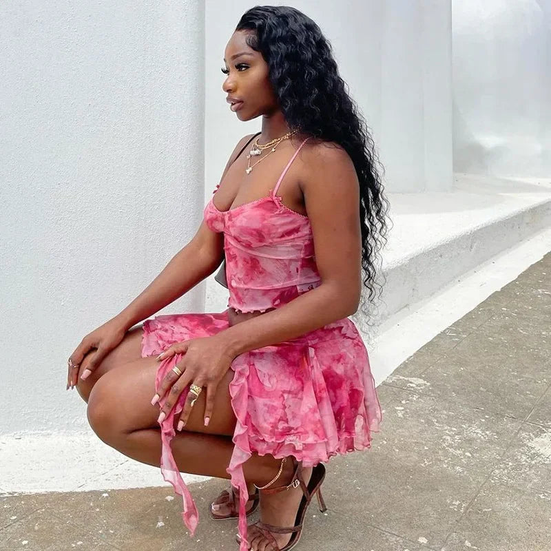 Women's Fashionable Mesh Printing Sexy Side Slit Mini Two Piece