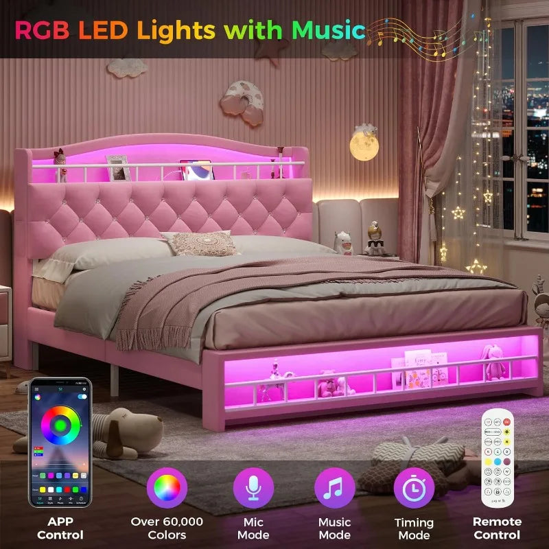 Pink Full Size Girls Bed with LED Lights & Charging Station, Princess Full Size Bed Frame with Hidden Storage Headboard
