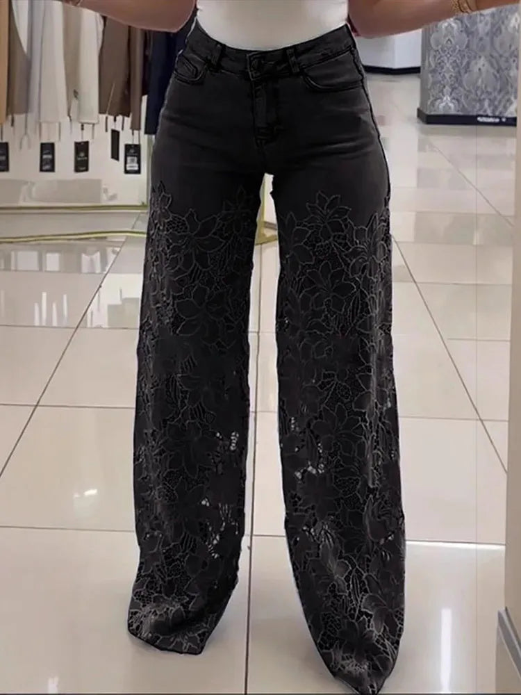 Vintage Hollow Out Lace Flowers Lady Jeans Loose Straight Denim Pants High Street Elegant Summer New Trousers Chic Fashion Pant