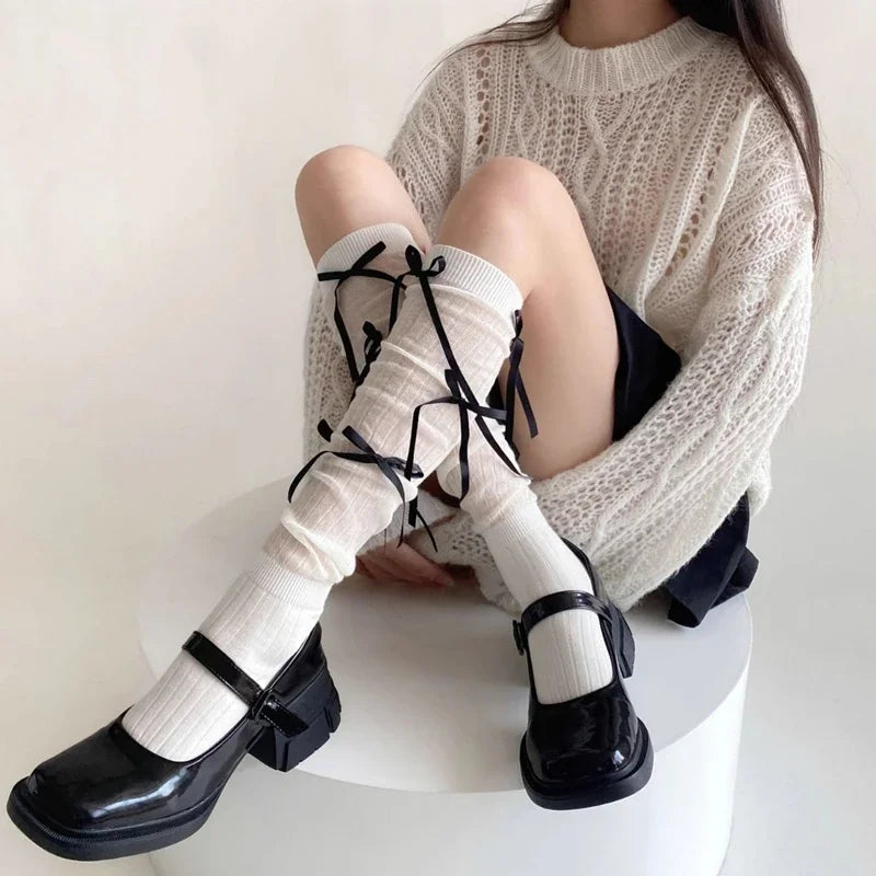 Sweet Lolita Style Stockings Students Fashion Basic Bowknot Knee-high Socks Cotton Fabric Women Mid-calf Sock