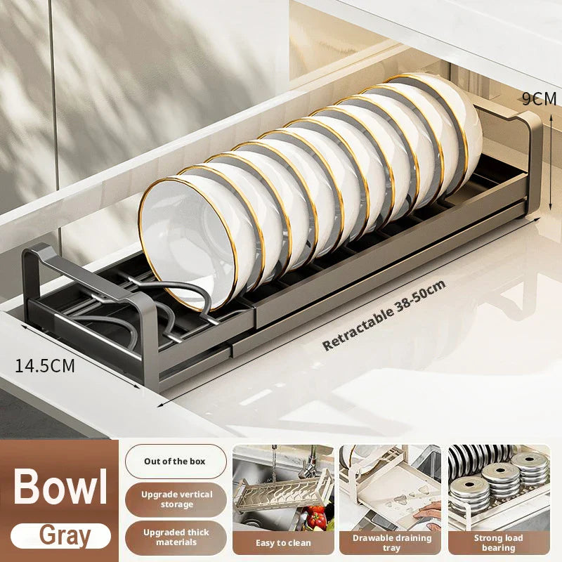 Pull Out Cabinet Dish Storage Rack Stainless Steel Plate Drain Stand Holder Kitchen Drawer Built-in Bowl Rack Basket Organizer