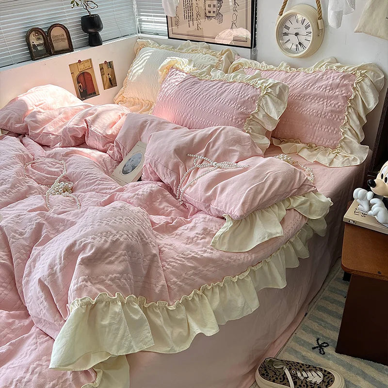 Princess Style Lace Ruffles Bedding Set Skin-friendly Duvet Cover Set Fitted Sheet/Bed Sheet Pillowcases