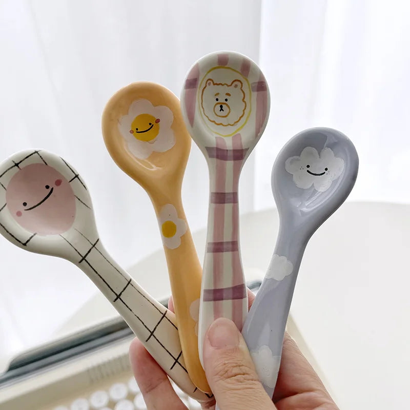 Cute Smiling Spoons Ceramic Ice Cream Spooon Irregular Hand Painted Dessert Breakfast Spoon Home Kitchen Tableware Accessories