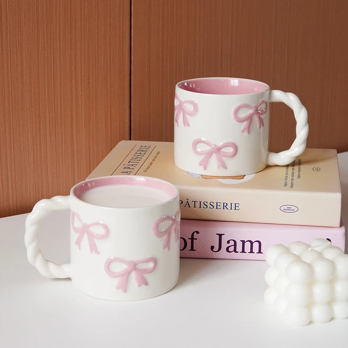 Pink Bow Ceramic Mug, Twist Handle Ceramic Mug, Exquisite and Simple Pink Embossed Mug