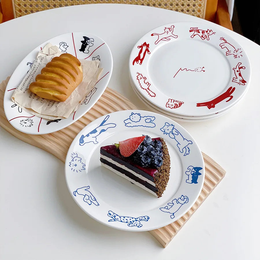Cute Cat and Dog Ceramic Dessert Plate Cake Western Flat Plate Pasta Fruit Disc Dinner Set Plates and Dishes