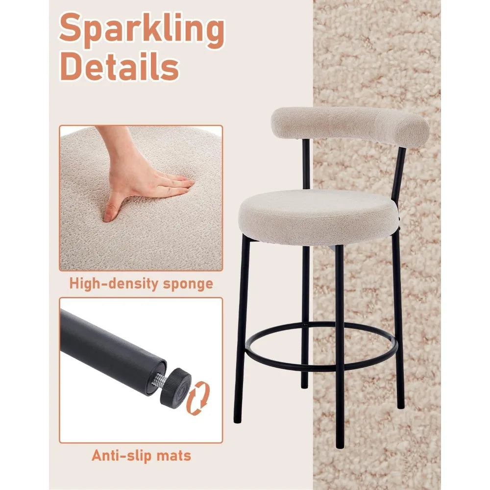 Modern Bar Stools Set of 2 Counter Height Bar stools with Curved Open Back 4'' Round Thick Upholstered Wrinkled Velvet Fabric Set