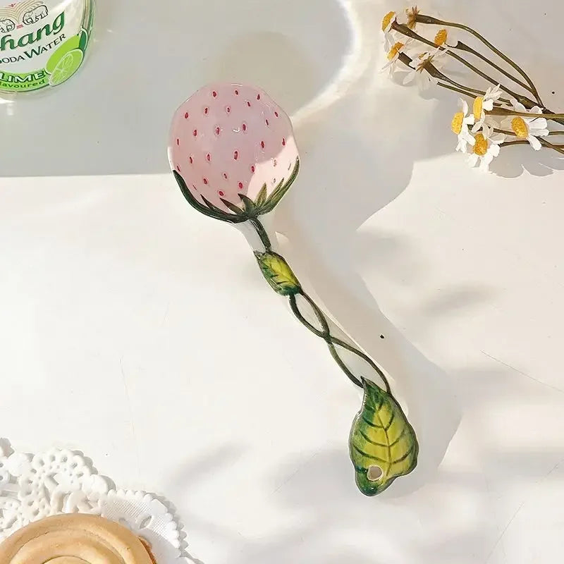 Strawberry Ceramic Spoon, Watermelon Panda Underglaze Household Cute Long Handle Children Eat Dessert Spoons Tableware