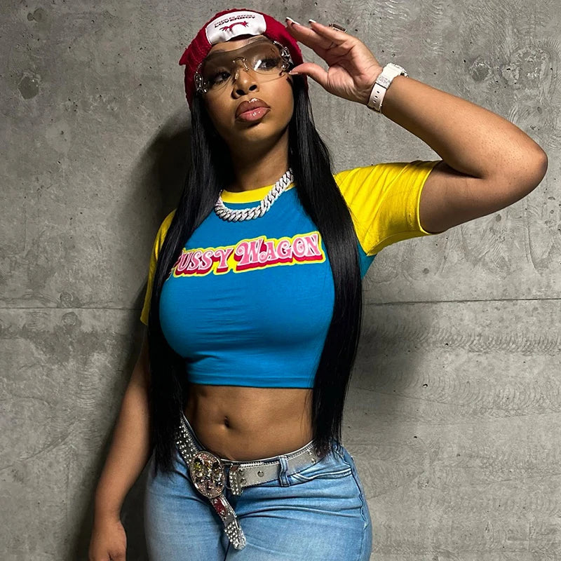 Letter Printed Color Clashing Round Neck Pullover Spice Girls Short Halter Short Sleeve T-Shirt Tops For Y2K Girls Wear