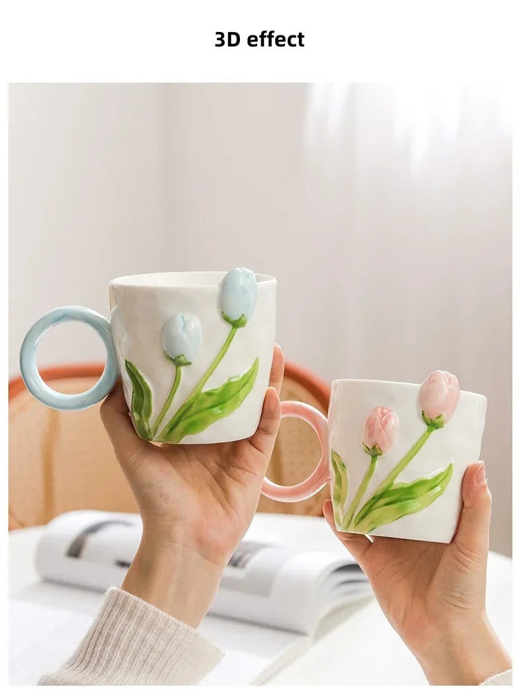 Tulip Flower Ceramic Mug Three-dimensional Design Creative Girl Heart Cup