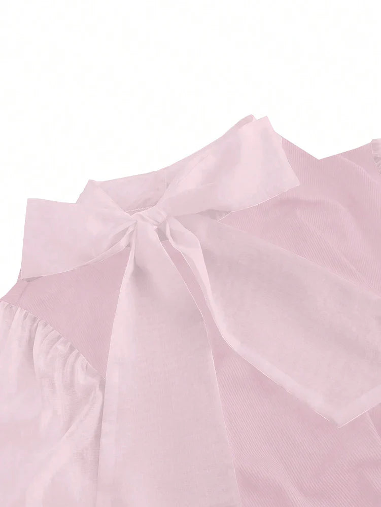 Plus Size Women's Elegant Contrast Bow Tie Long Sleeve A-Line Office Work Shirt Business