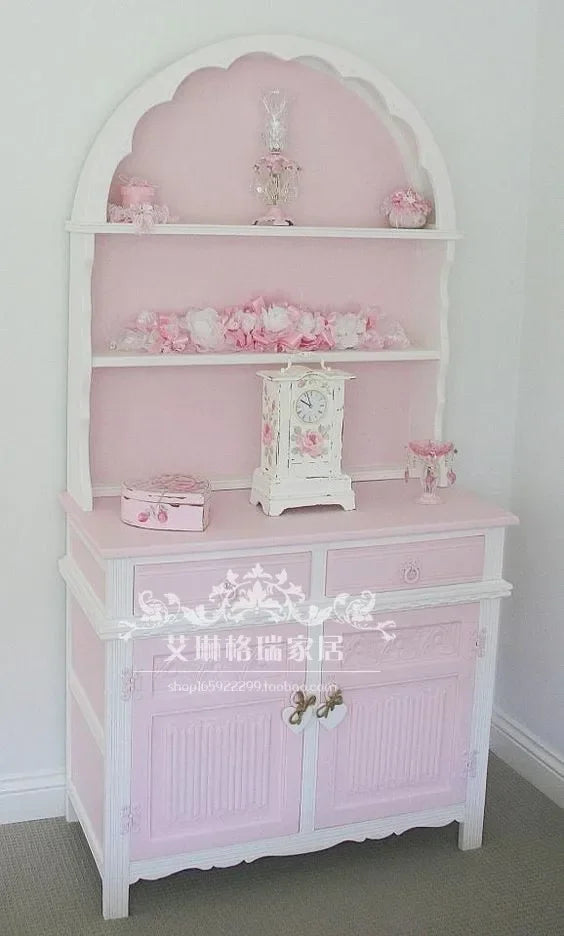 French Solid Wood Carving Flower Bookcase Dining Side Pink Princess Cabinet