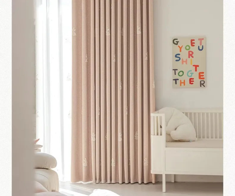 Pink Cartoon 3D Embroidered Rabbit Blackout Curtains for Living Room Bedroom Girls Room Sticky Chenille Drapes Home Decor