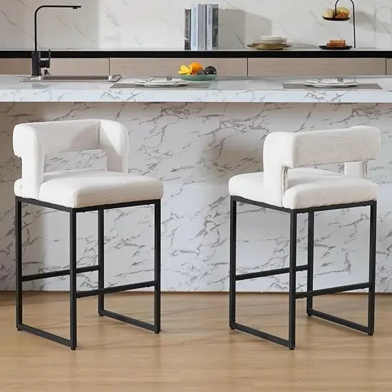 Modern Bar Stools Set of 2, 26'' Counter Height Bar Stool with Sturdy Metal Steel Frame, Chenille Upholstered Barstools with Back