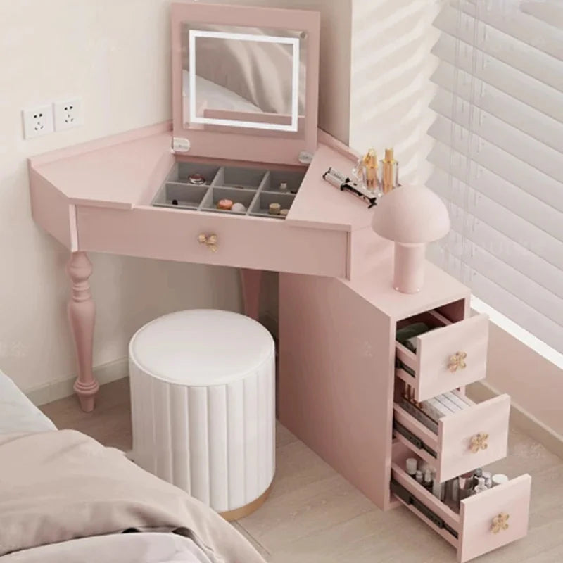 Small Pink Makeup Vanity Table with Mirror and Drawers for Bedroom Storage - Stylish Coiffeuse Furniture